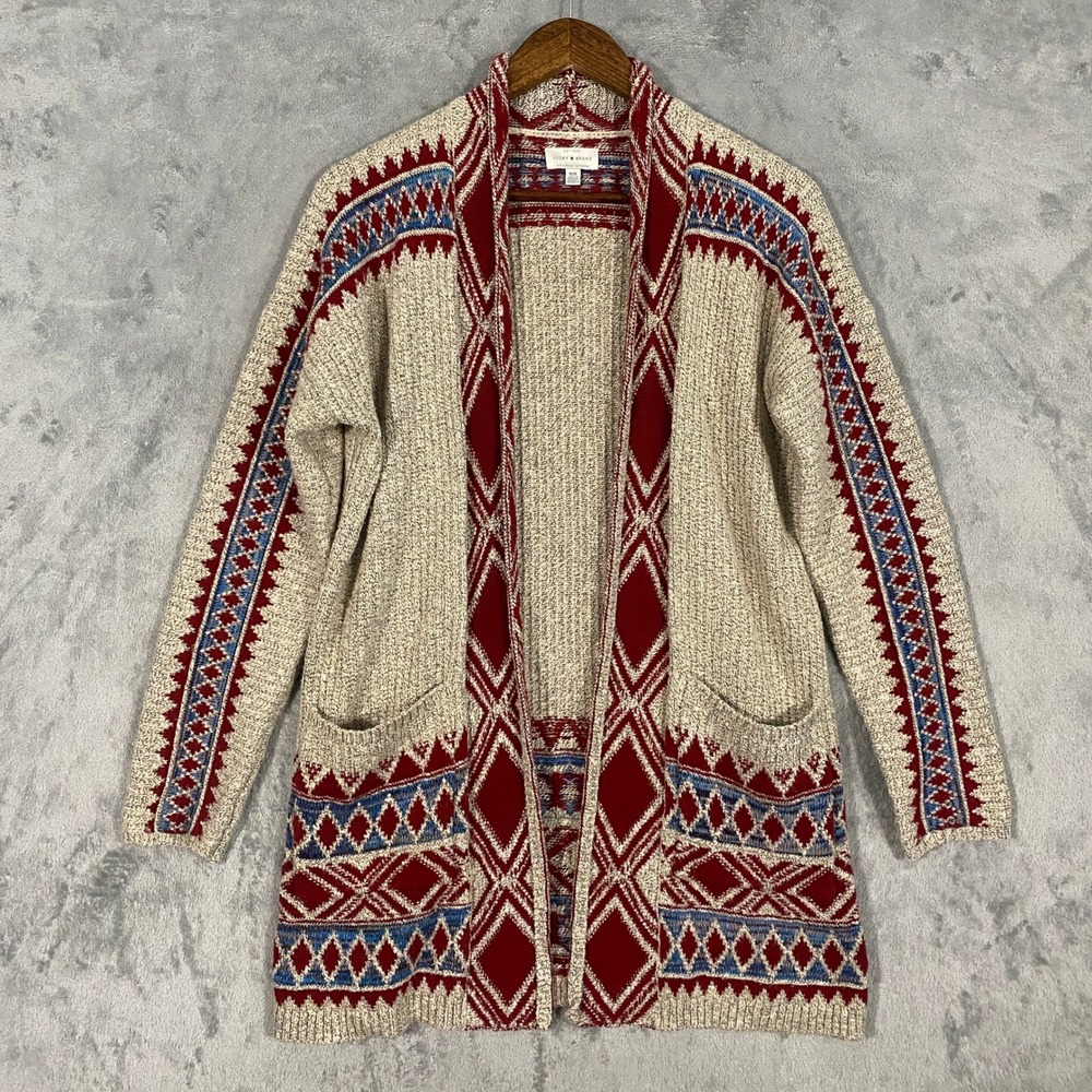 Lucky Brand Cardigan Sz M Red Blue Cream Southwestern Open Front Sweater Boho